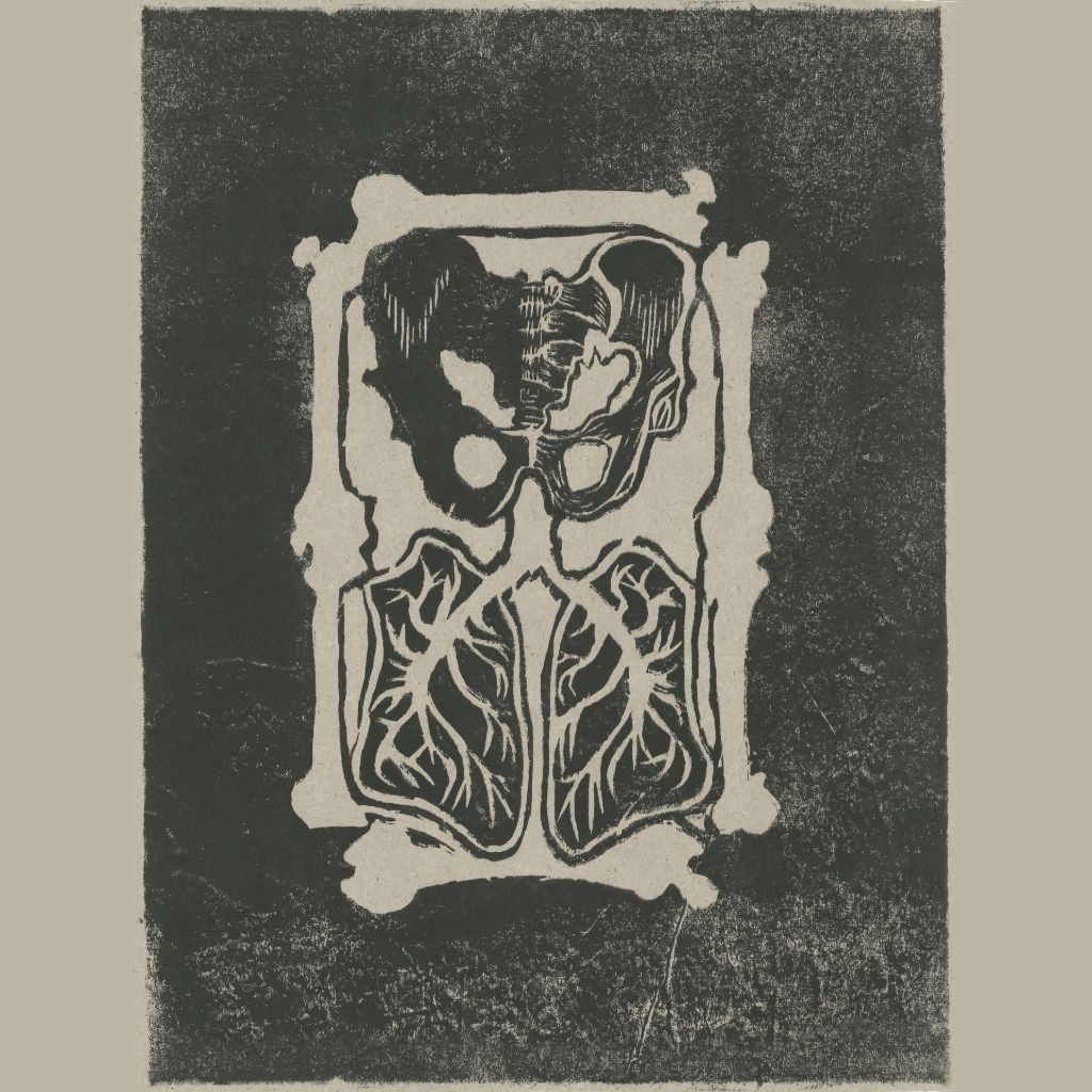 linogravure gravure impression os squelette poumons bassin sablier sombre gothique monochrome noir et blanc