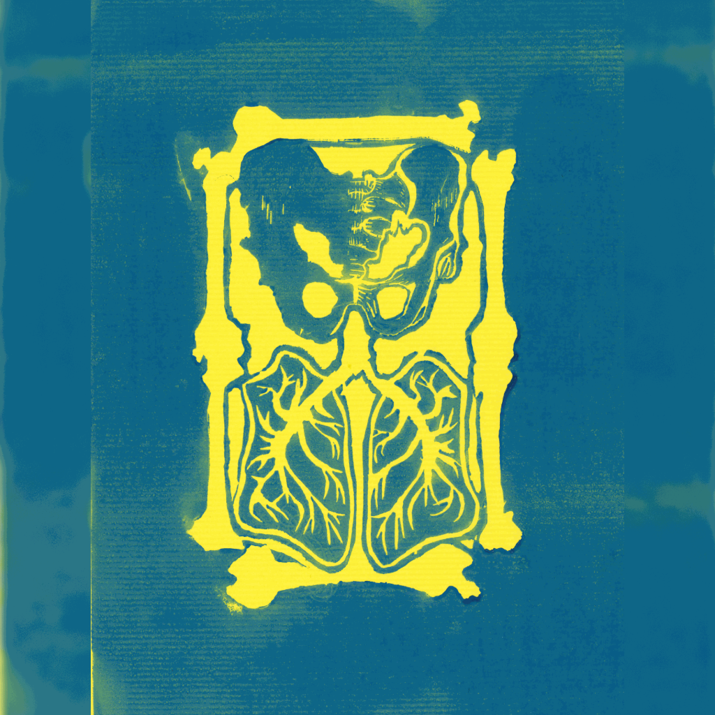 linogravure gravure impression os squelette poumons bassin sablier gothique bicolore