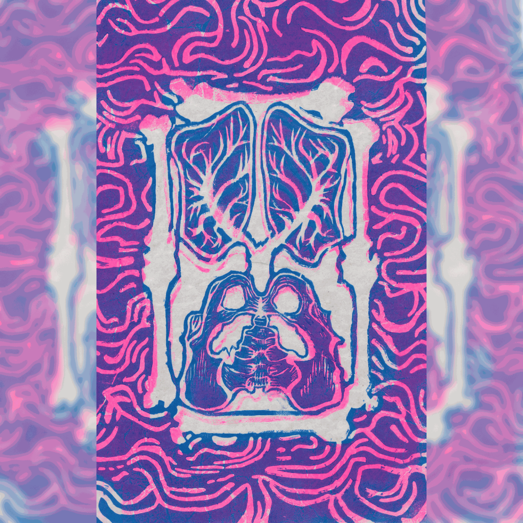 linogravure gravure impression os squelette poumons bassin sablier gothique multicolore encres multiples polychrome